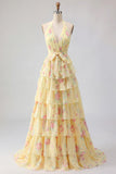 Yellow Halter A Line Floral Long Prom Dress with Ruffles