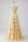 Yellow Halter A Line Floral Long Prom Dress with Ruffles