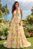 Yellow Halter A Line Floral Long Prom Dress with Ruffles