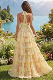 Yellow Halter A Line Floral Long Prom Dress with Ruffles