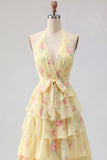 Yellow Halter A Line Floral Long Prom Dress with Ruffles