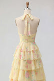Yellow Halter A Line Floral Long Prom Dress with Ruffles