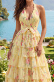 Yellow Halter A Line Floral Long Prom Dress with Ruffles