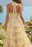 Yellow Halter A Line Floral Long Prom Dress with Ruffles