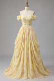 Yellow Ruched Off the Shoulder A Line Long Floral Prom Dress