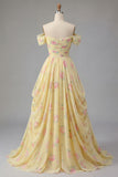 Yellow Ruched Off the Shoulder A Line Long Floral Prom Dress