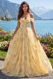 Yellow Ruched Off the Shoulder A Line Long Floral Prom Dress