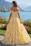 Yellow Ruched Off the Shoulder A Line Long Floral Prom Dress