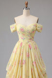 Yellow Ruched Off the Shoulder A Line Long Floral Prom Dress