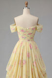 Yellow Ruched Off the Shoulder A Line Long Floral Prom Dress
