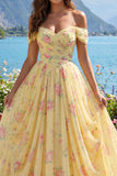 Yellow Ruched Off the Shoulder A Line Long Floral Prom Dress