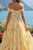 Yellow Ruched Off the Shoulder A Line Long Floral Prom Dress