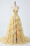 Yellow Spaghetti Straps A Line Corset Floral Prom Dress with Ruffles