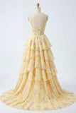 Yellow Spaghetti Straps A Line Corset Floral Prom Dress with Ruffles