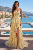 Yellow Spaghetti Straps A Line Corset Floral Prom Dress with Ruffles