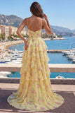 Yellow Spaghetti Straps A Line Corset Floral Prom Dress with Ruffles