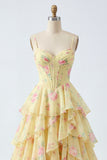 Yellow Spaghetti Straps A Line Corset Floral Prom Dress with Ruffles