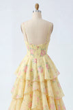 Yellow Spaghetti Straps A Line Corset Floral Prom Dress with Ruffles