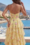 Yellow Spaghetti Straps A Line Corset Floral Prom Dress with Ruffles
