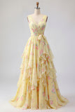 Yellow Floral V-Neck Ruffled Long Prom Dress with Bow