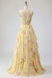 Yellow Floral V-Neck Ruffled Long Prom Dress with Bow
