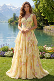 Yellow Floral V-Neck Ruffled Long Prom Dress with Bow