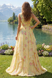 Yellow Floral V-Neck Ruffled Long Prom Dress with Bow