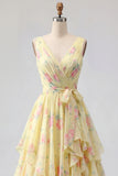 Yellow Floral V-Neck Ruffled Long Prom Dress with Bow