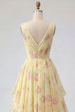 Yellow Floral V-Neck Ruffled Long Prom Dress with Bow