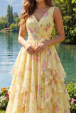 Yellow Floral V-Neck Ruffled Long Prom Dress with Bow