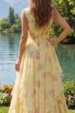 Yellow Floral V-Neck Ruffled Long Prom Dress with Bow