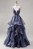 Starry Dusty Blue A Line Tiered Ruffle Long Prom Dress
