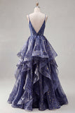 Starry Dusty Blue A Line Tiered Ruffle Long Prom Dress