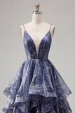 Starry Dusty Blue A Line Tiered Ruffle Long Prom Dress