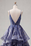 Starry Dusty Blue A Line Tiered Ruffle Long Prom Dress