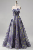 Strapless A Line Starry Ruched Long Prom Dress