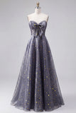 Dusty Blue A Line Starry Sweetheart Long Prom Dress with Bow