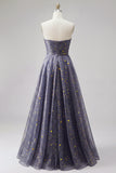 Dusty Blue A Line Starry Sweetheart Long Prom Dress with Bow