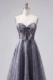 Dusty Blue A Line Starry Sweetheart Long Prom Dress with Bow