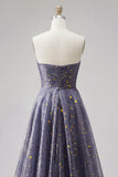 Dusty Blue A Line Starry Sweetheart Long Prom Dress with Bow