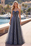 Dusty Blue A Line Starry Sweetheart Long Prom Dress with Bow