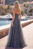 Dusty Blue A Line Starry Sweetheart Long Prom Dress with Bow