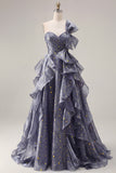 One Shoulder Dusty Blue Ruffled A Line Starry Long Prom Dress with Bow