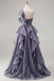 One Shoulder Dusty Blue Ruffled A Line Starry Long Prom Dress with Bow