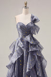 One Shoulder Dusty Blue Ruffled A Line Starry Long Prom Dress with Bow