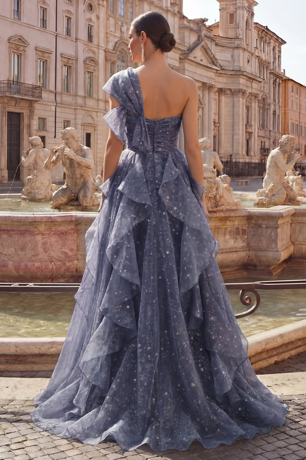 ZAPAKA Women Starry Night Dusty Blue One Shoulder Prom Dress Elegant Sweetheart Evening Gown with Oversized Bow and Cascading Ruffles, Dusty Blue /