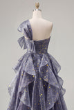 One Shoulder Dusty Blue Ruffled A Line Starry Long Prom Dress with Bow