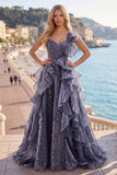 One Shoulder Dusty Blue Ruffled A Line Starry Long Prom Dress with Bow