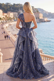 One Shoulder Dusty Blue Ruffled A Line Starry Long Prom Dress with Bow