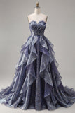 Strapless Starry Dusty Blue A Line Ruffled Long Prom Dress